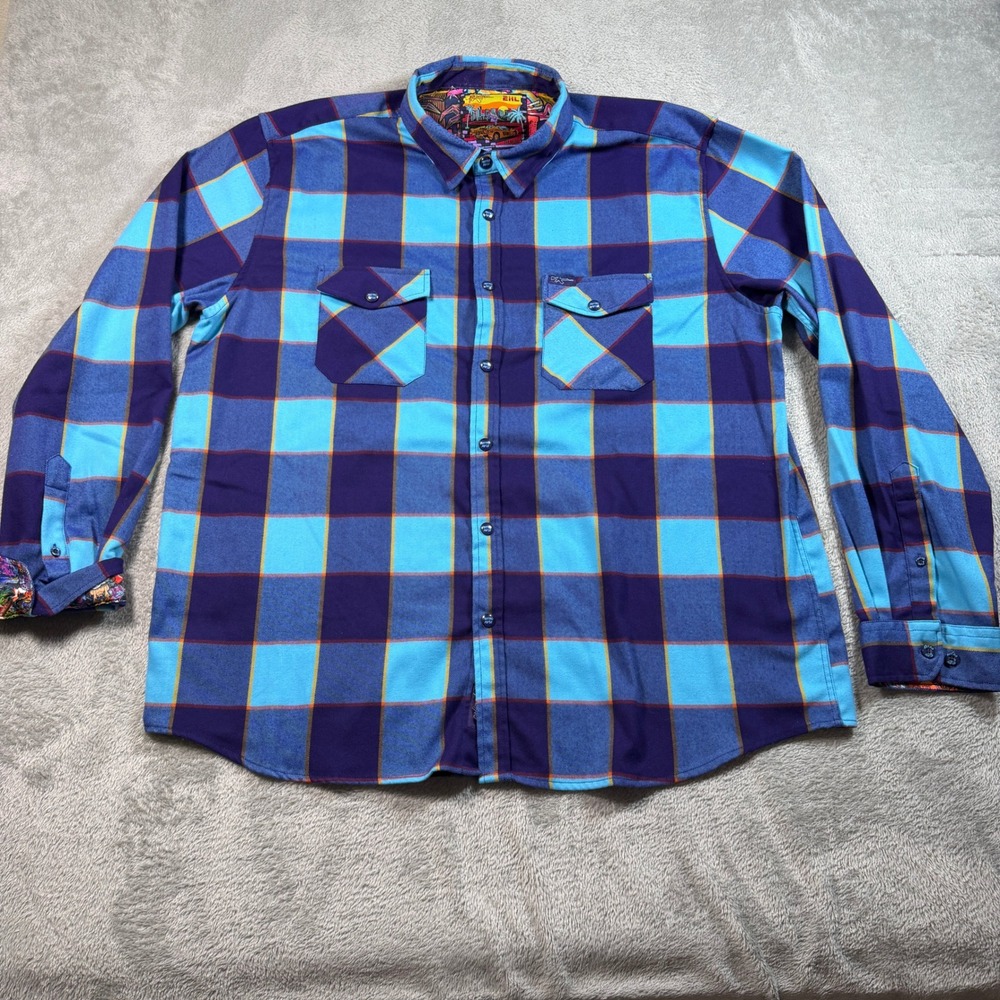 Retro Rifle Flannel Shirt Mens 2XL Blue Plaid The Mural Long Sleeve Flip Cuff